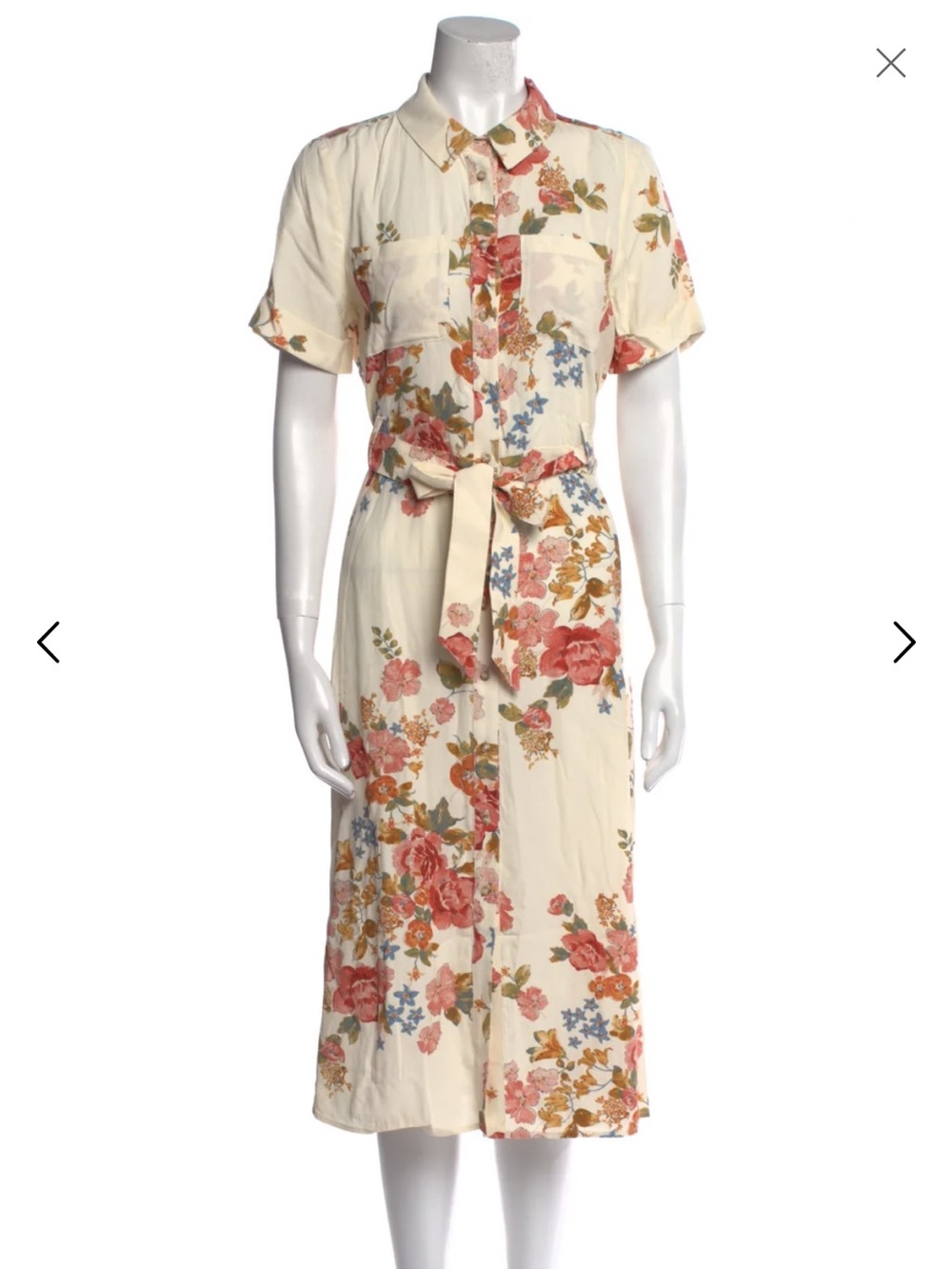 Sezane Adele Cream Floral Midi Shirt Dress with Tie Waist size 34
